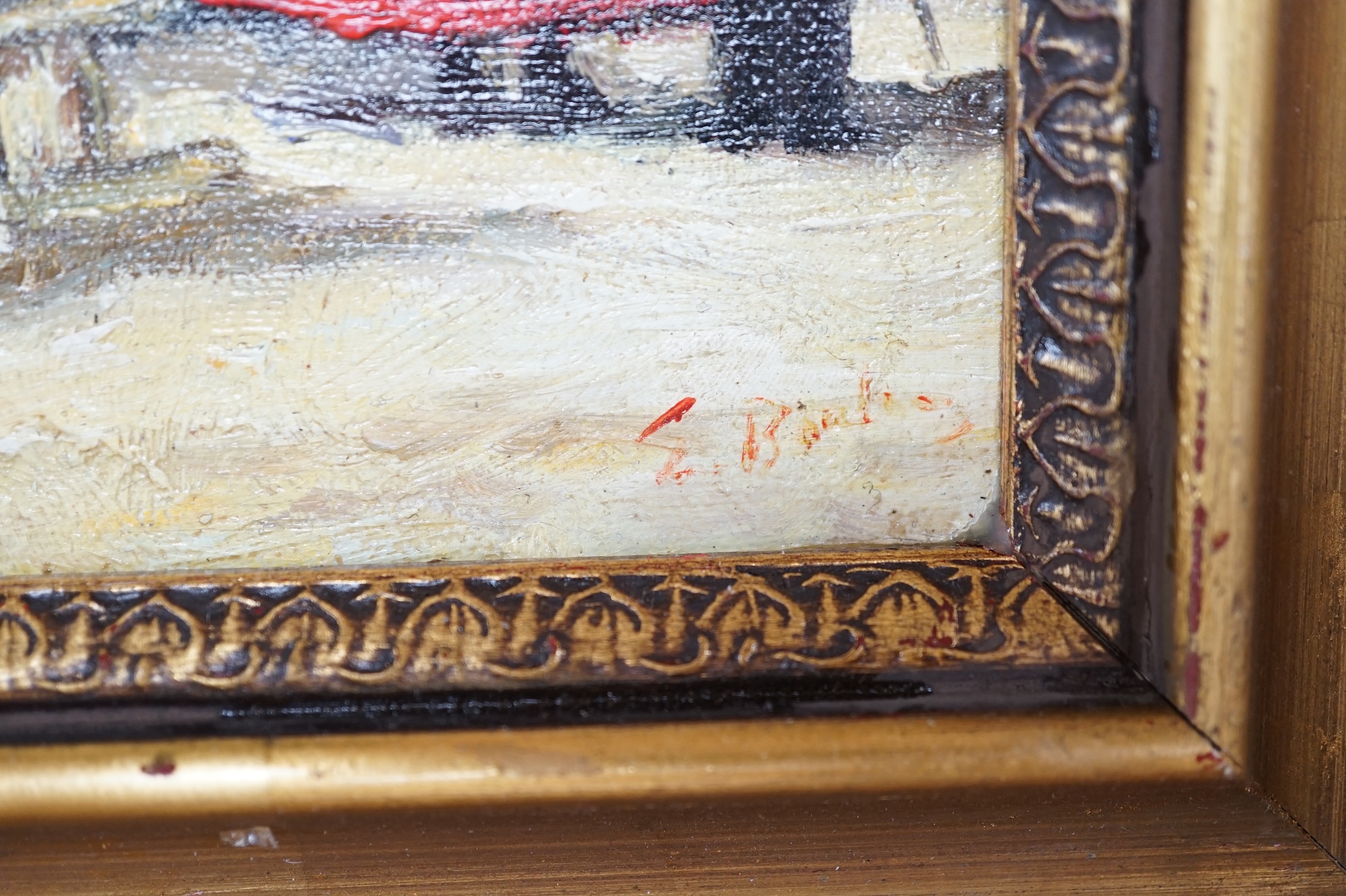 Decorative oil on board, Figures on a beach, 27 x 34cm. Condition - good